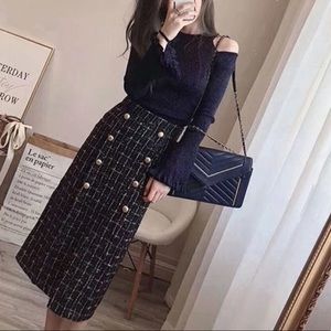 Tweed set open shoulder sweater midi dress